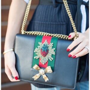 Gucci Calfskin Web Medium Peony Chain Shoulder Bag Black